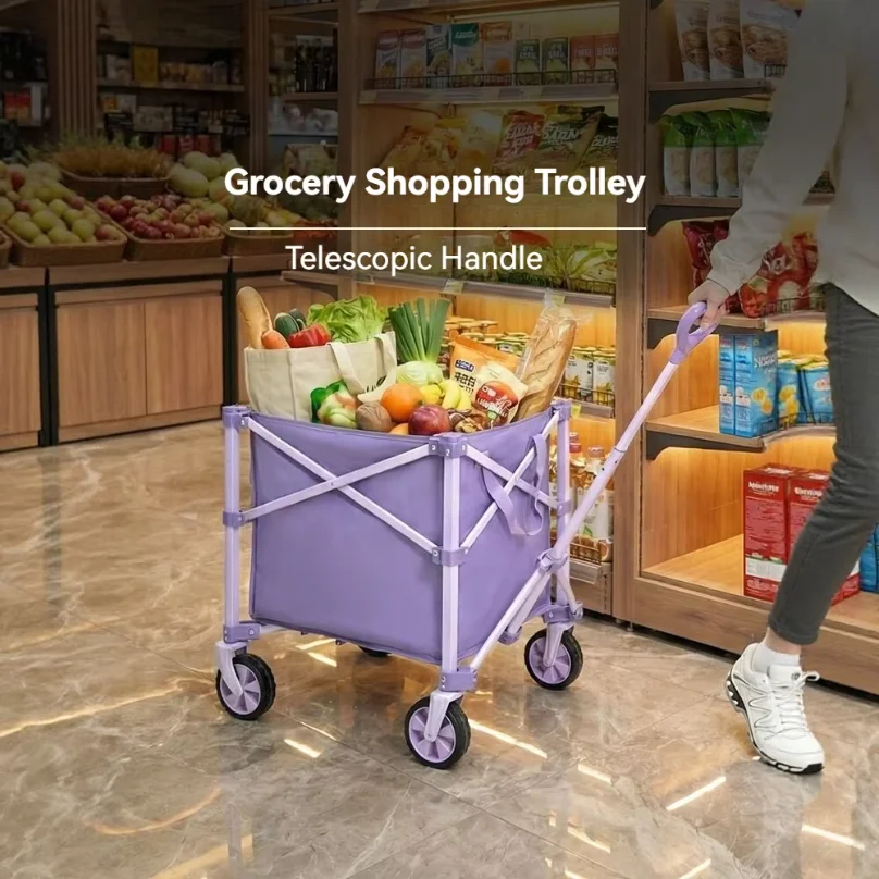 Collapsible Foldable Utility Wagon Cart, Heavy Duty Grocery Shopping Trolley with Telescopic Handle for Outdoor Camping