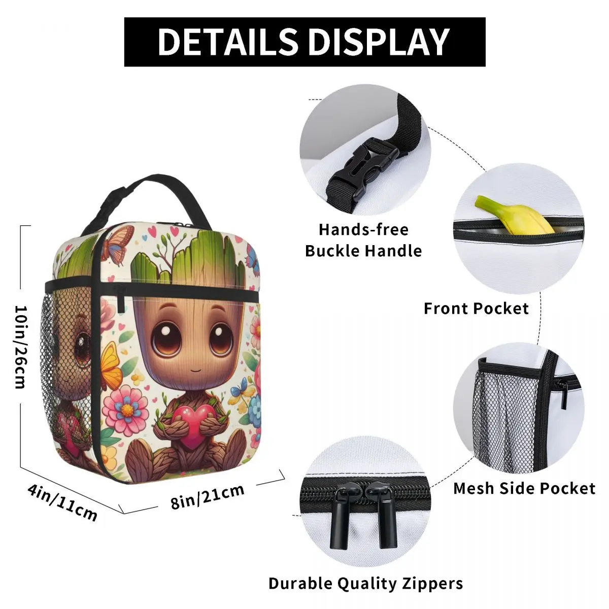 أكياس الغداء المعزولة الهزلية المخصصة من Groot للمدرسة والمكتب والطعام الرسوم المتحركة القابلة لإعادة الاستخدام صندوق الغداء الحراري المبرد للنساء والأطفال