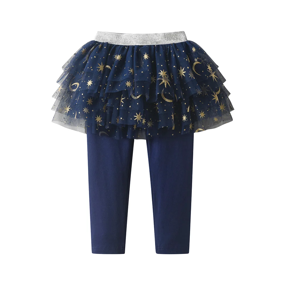 Kleinkinder Kinder Baumwolle Lässige Marineblaue Leggings mit glitzernden Sternenmuster Mesh Tüll Tutu Röcke Fake 2-teilige Kinder Prinzessin Hose – Detail 2