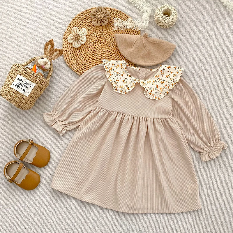 خريف جديد الفتيات فستان 1-6Y دمية الرقبة سروال قصير الزهور فستان الربيع الأطفال الفتيات طويلة الأكمام الأميرة موضة فستان لطيف