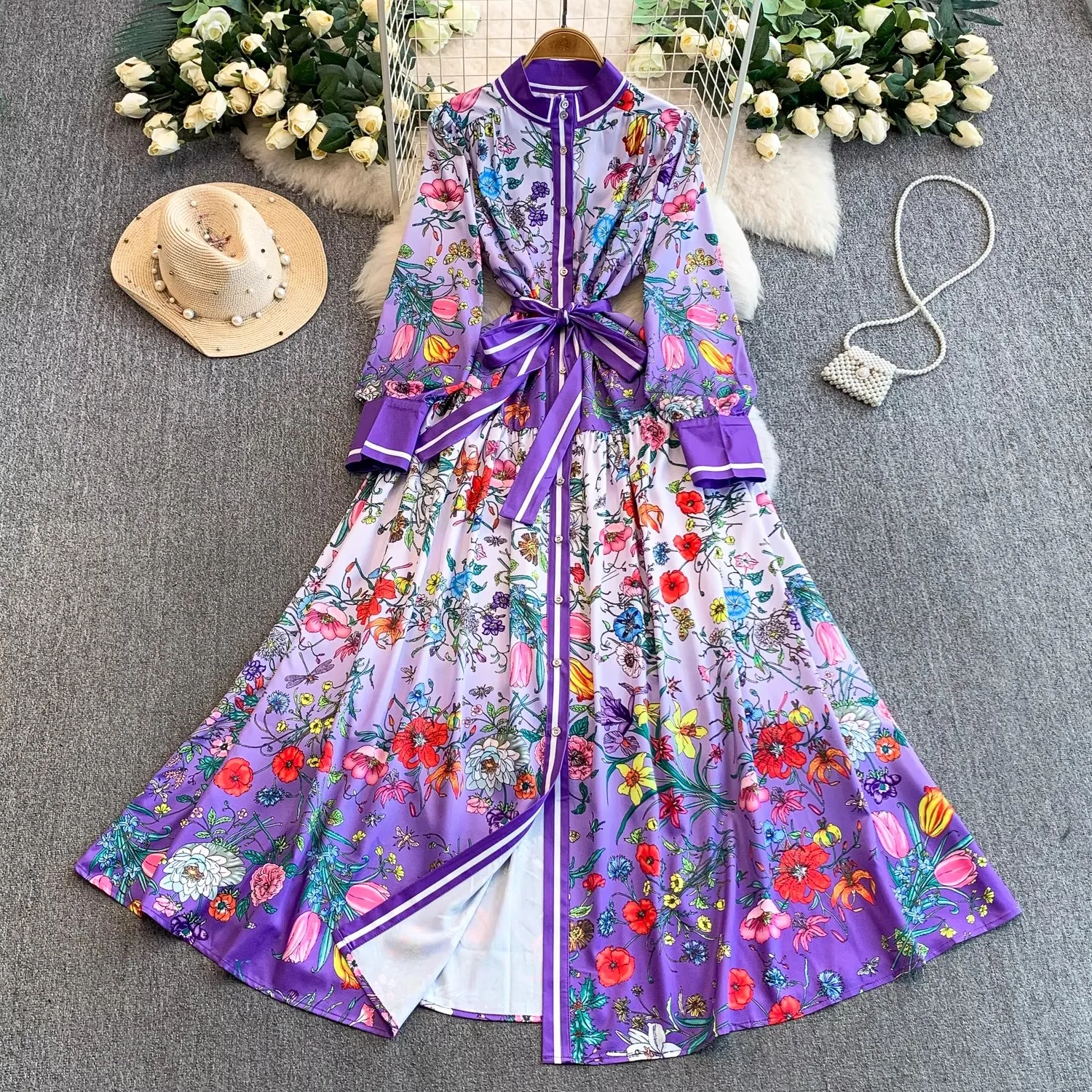 Runway Summer Autumn Holiday Gorgeous Floral Maxi Dress Women's Stand Lantern Sleeve Single Breasted Loose Belt Long Vestidos