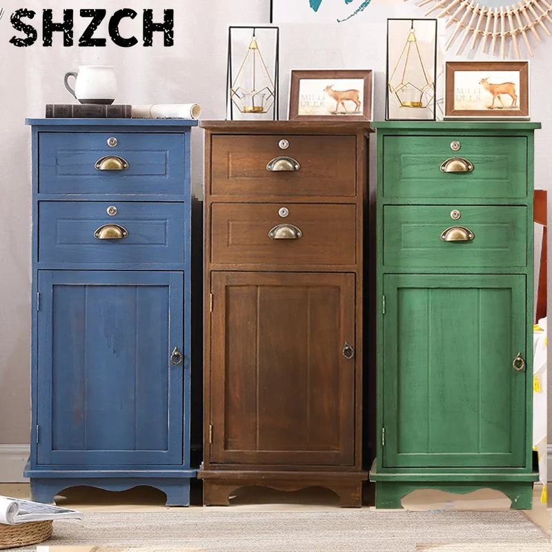 Solid Wood Nightstand with Lock - Mediterranean Storage Cabinet Vintage Bedside Organizer for Bedroom Minimalist Small Furniture