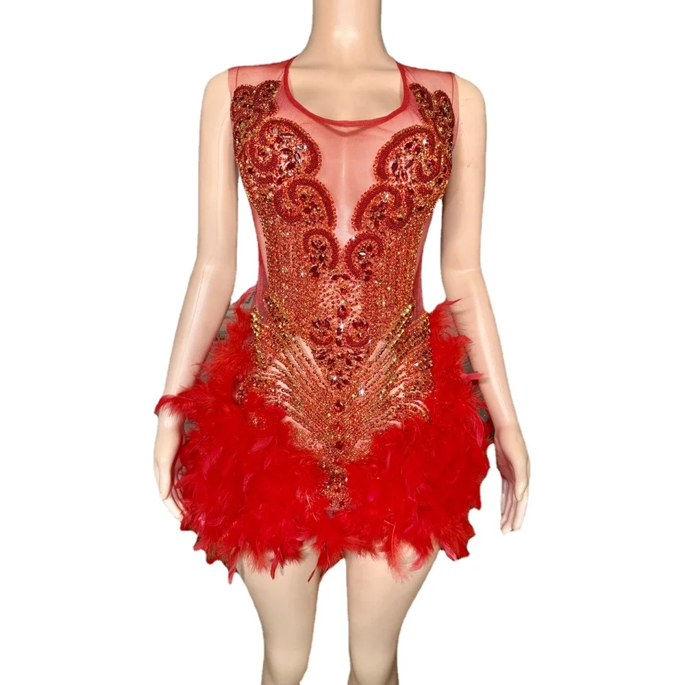 Luxurious Red Crystal Feathers Velvet Short Dress Women Sexy Transparent Evening Celebrate Birthday Dress Singer Show Stage Wear