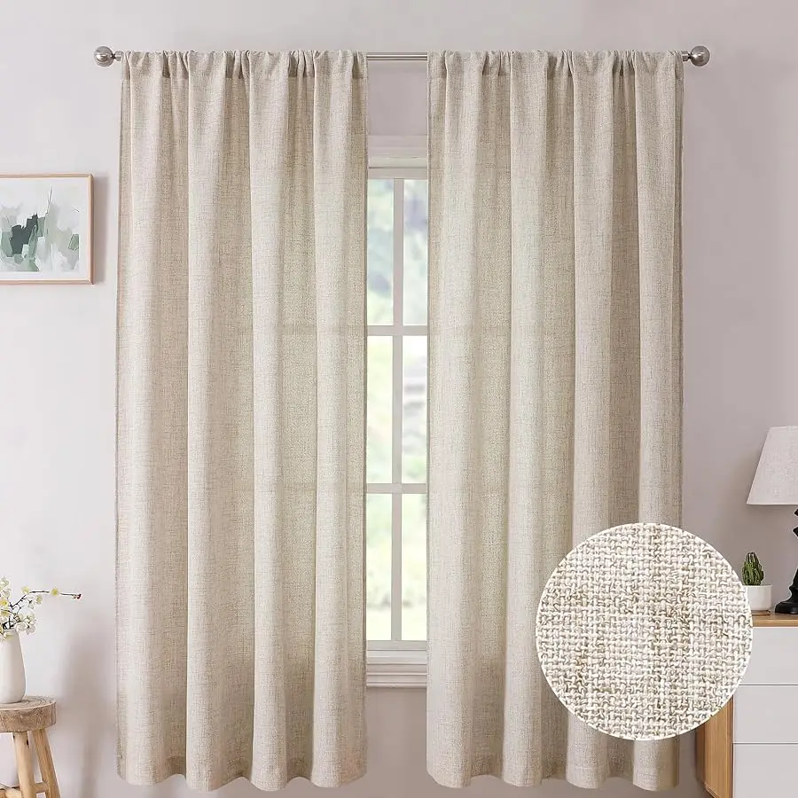 

Short Linen Curtains Bedroom Rod Pocket Semi Sheer Curtain Burlap Light Filtering Thick Linen Drapes for Li ing Room, 38 x 45 in