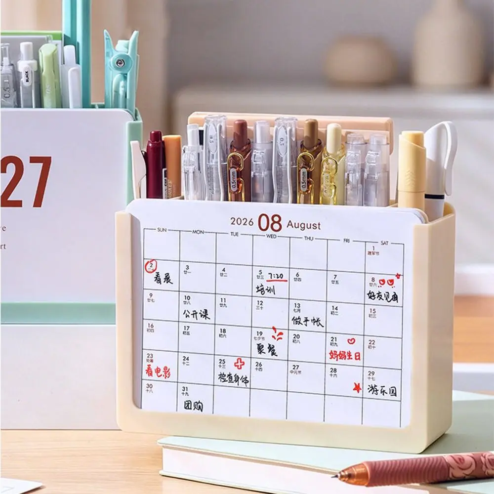 Space-Saving 2027 Desk Calendar Pen holder 3 Grids Plastic Desktop Stationery Organizer October 2026 - December 2027 Durable