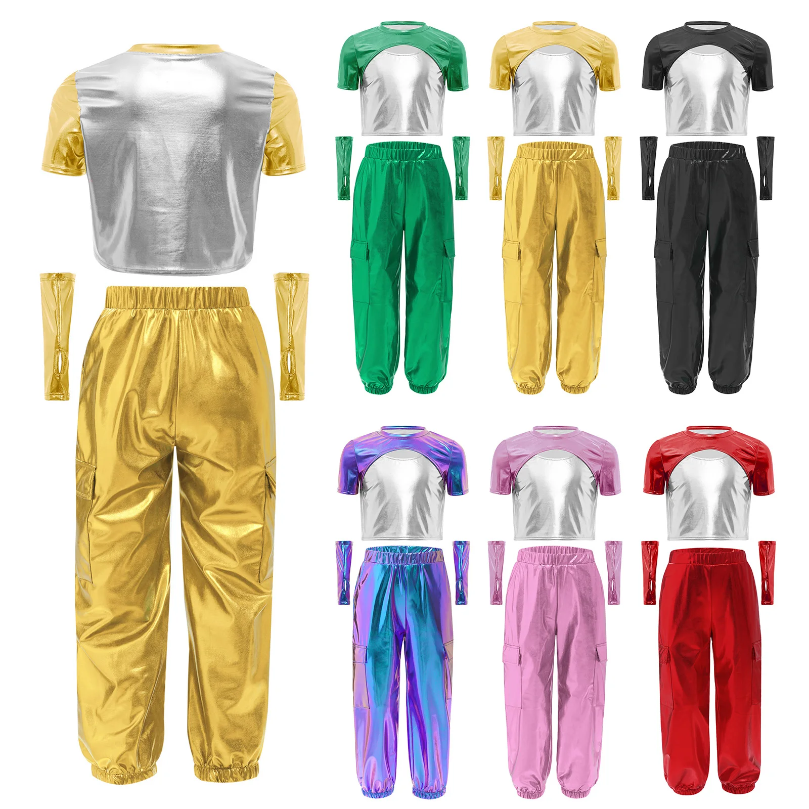 الفتيات لامع لامع الجاز الهيب هوب ملابس رقص انقطاع تي شيرت قفازات علوية السراويل البضائع الشارع الشهير الحديثة مرحلة الأداء الزي #5