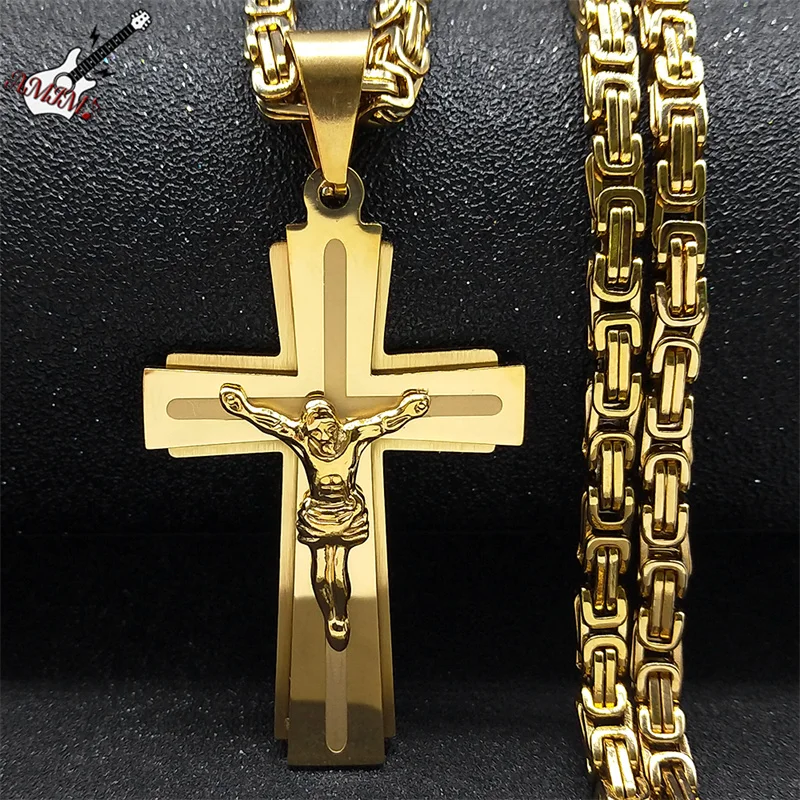 Male Punk Cross Necklace for Women Men Stainless Steel Gold Color Jesus Crucifix Chain Boyfriend Gift Jewelry collar N2342S06