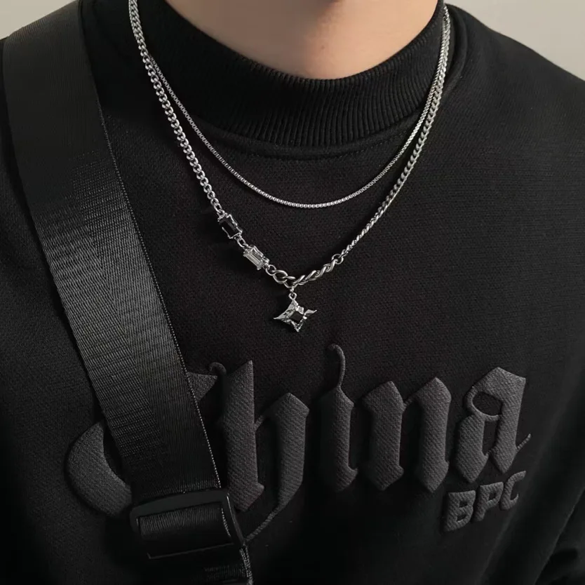 

Trend Hip Hop Zircon Star Double Layer Necklace For Men Women Charm Titanium Steel Pendant Chain Unisex Jewelry Gifts