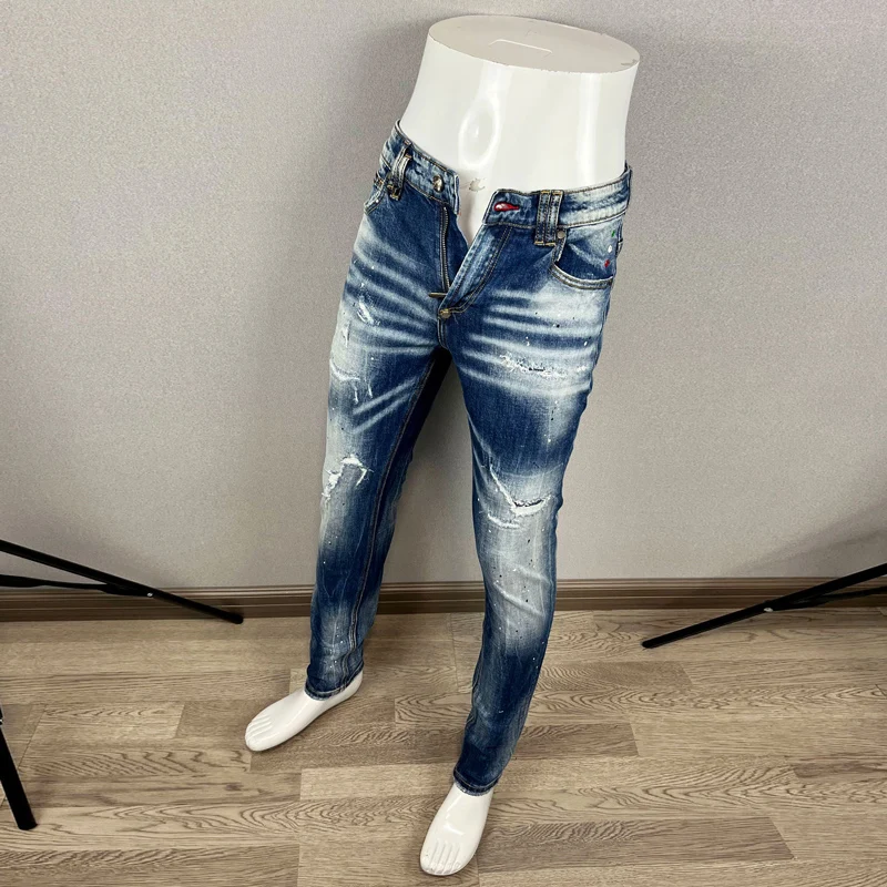 

Street Designer Fashion Men Jeans High Quality Retro Blue Stretch Slim Fit Ripped Jeans Men Brand Vintage Denim Pants Hombre
