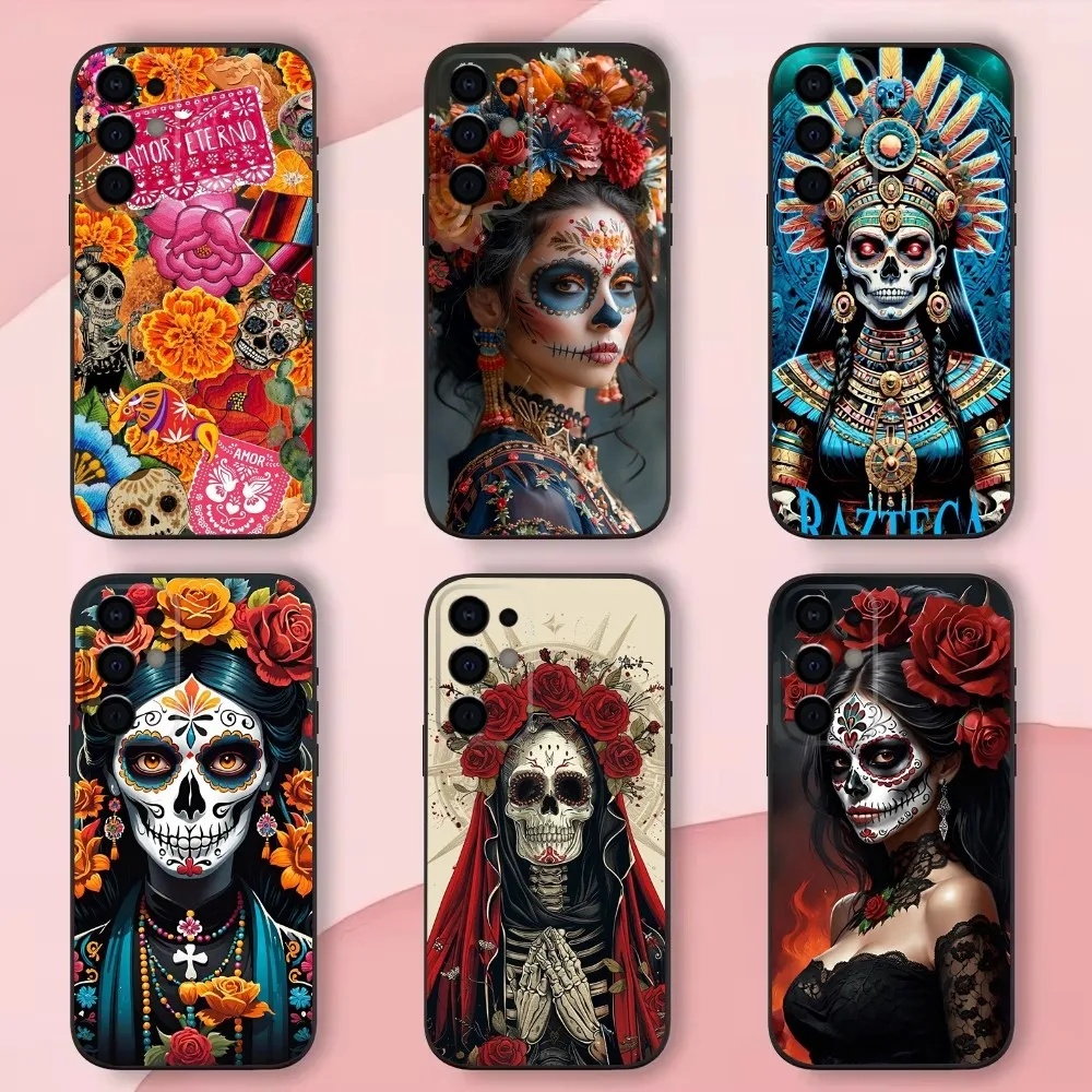 

Day of the Dead Mexican Catrina Skull Phone Case For Samsung S 24,21,22,23,30,Ultra,S20,Plus,Fe,Lite,Note,10,9,5G Black Soft