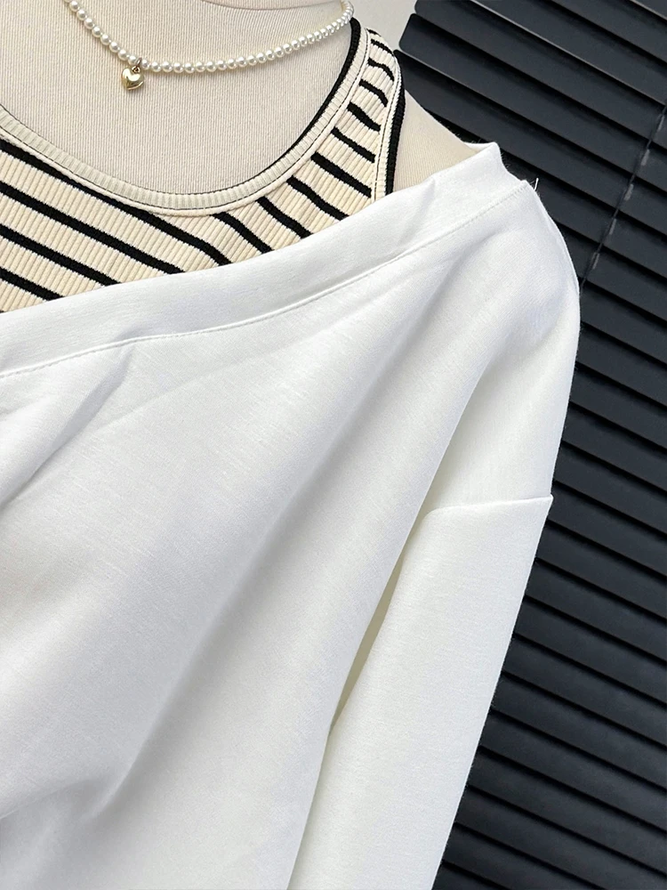 Korean V-Neck Fake Two-Piece Long Sleeved T-shirt For Women Spring Autumn Irregular Striped Patchwork Loose Female Short Tops