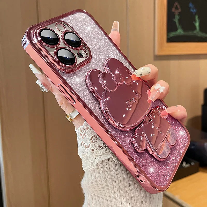 Glitter Gradient Plating Rabbit Mirror With Holder Case For iPhone 16 15 14 11 12 13 Pro Max Plus Lens Protection Soft TPU Cover