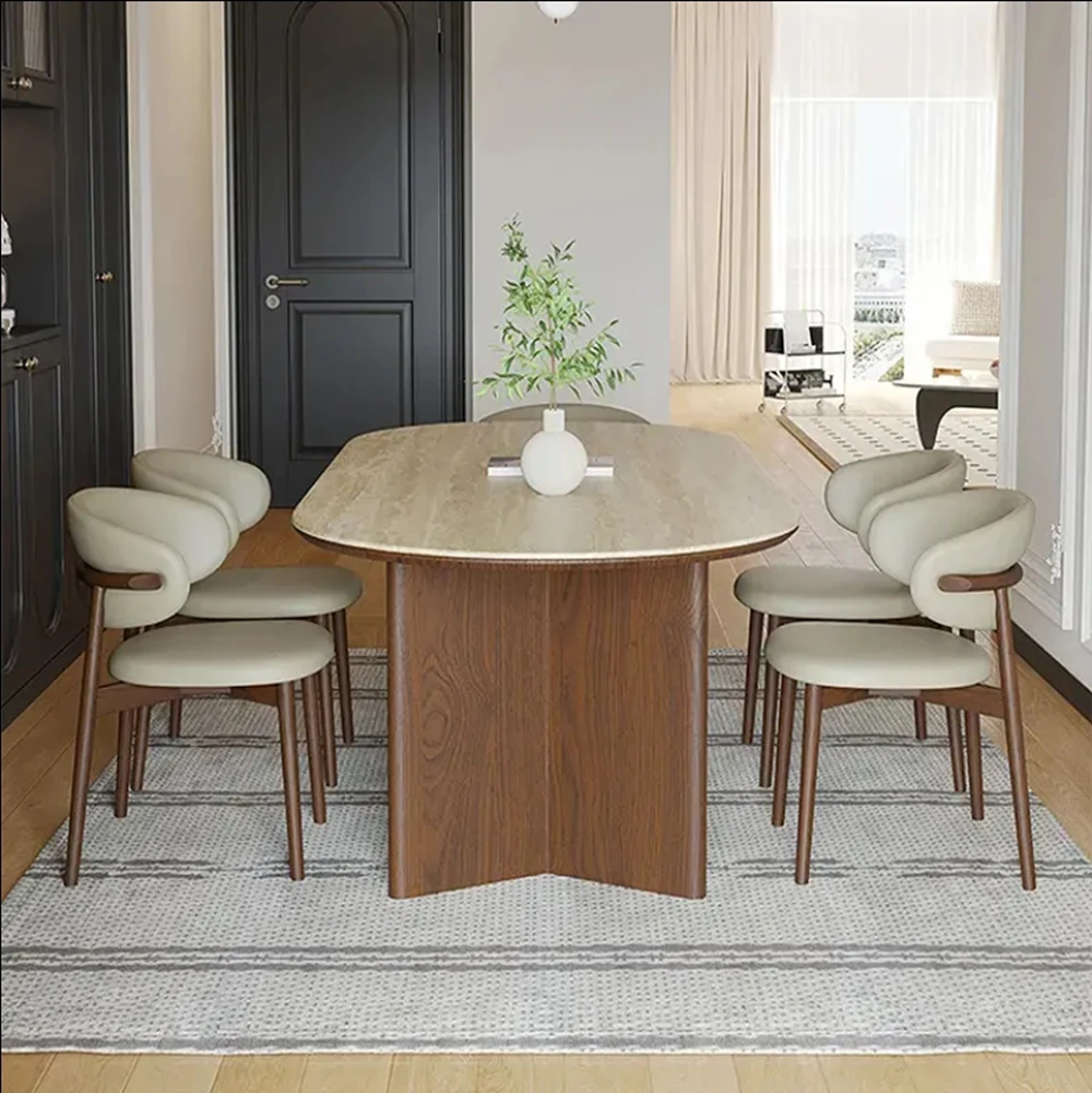 Afbeelding 6: Franse moderne design high-end eettafel met midden-antieke ovale travertijn leisteen bamboe stoel massief houten meubelen