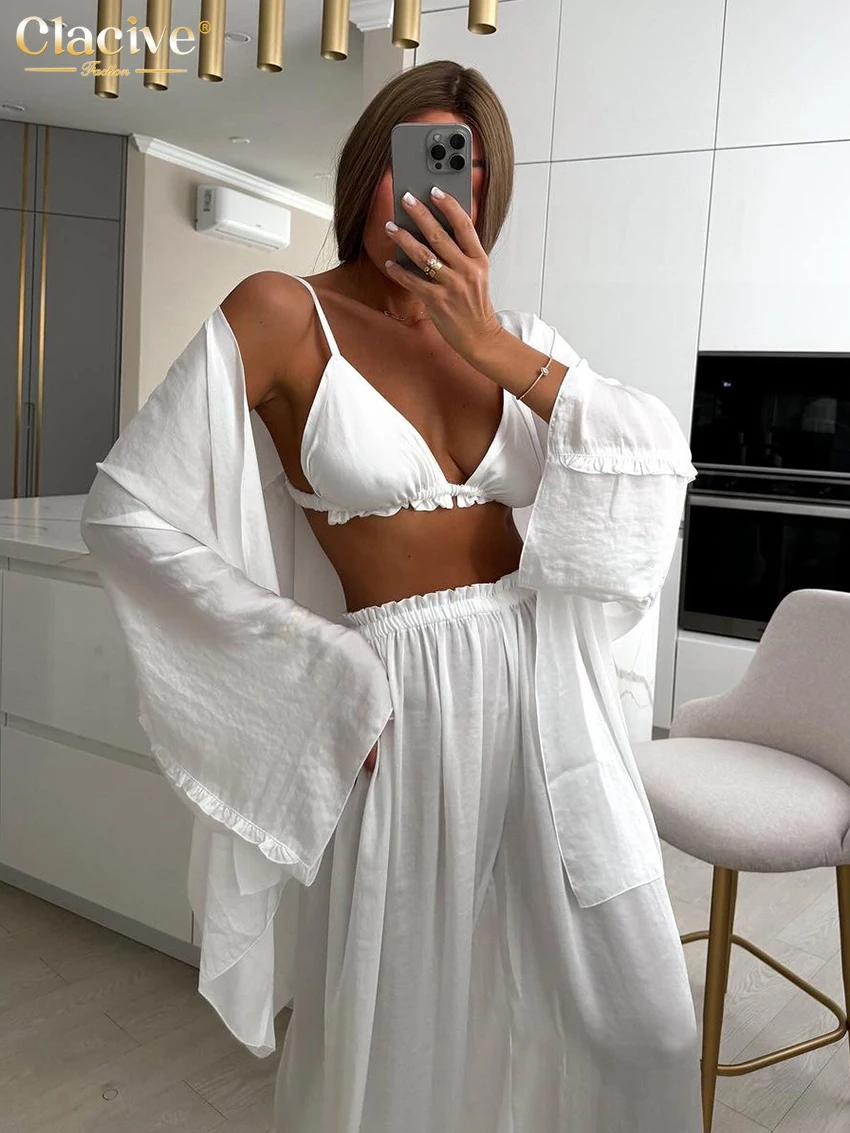 Clacive Sexy Loose White 3 Piece Sets Women Outfit 2024 Fashion Long Sleeve Robes + Bra With High Waist Wide Pants Set Homewear