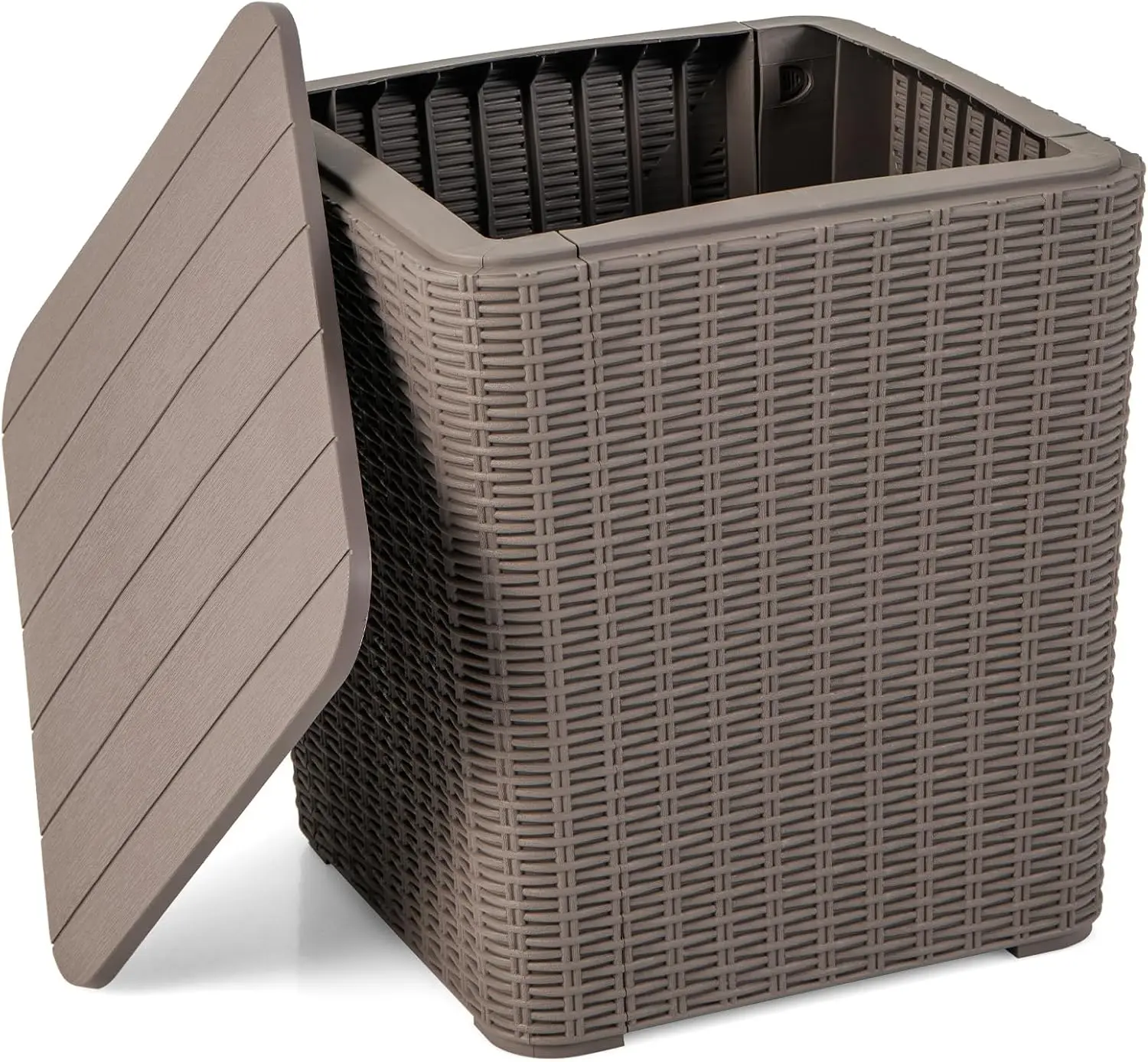 

Small Outdoor Side Table - 11.5 Gallon De Box With Removable Lid & Wicker-Woven, Outside Storage Box Waterproof, Resin Rattan