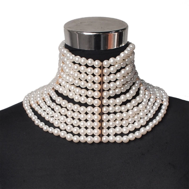 Women Vintage Choker Multi Strands Layered Faux Pearl Jewelry Statement Necklace