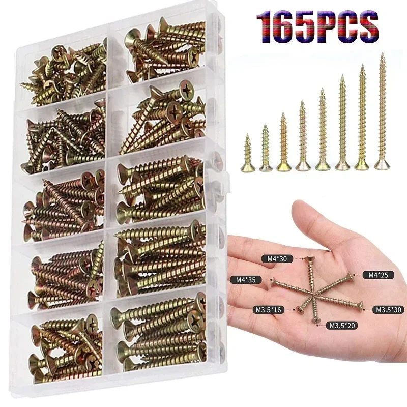 ELECTRAPICK 165pcs M3.5 M4 Cross Flat Head Self Tapping Screw Countersunk Head Small Screws Wood Thread Nail Screw Sets