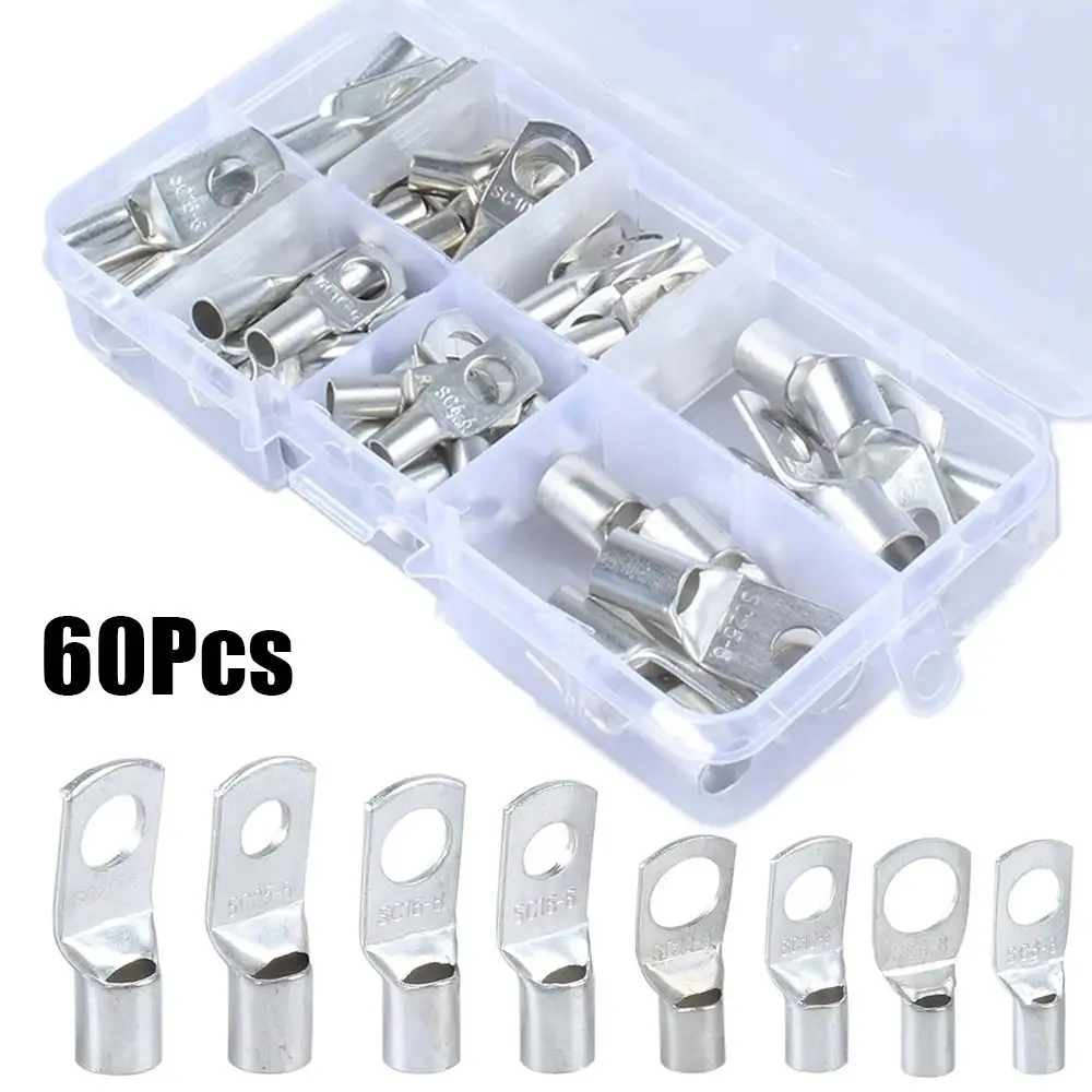 60Pcs SC Type Wire Nose Terminal Crimp Tinned Copper SC16-6 SC25-6 SC35-6 Cable Connector Kit 6mm 8mm 10mm Bolt Hole Lugs Ring