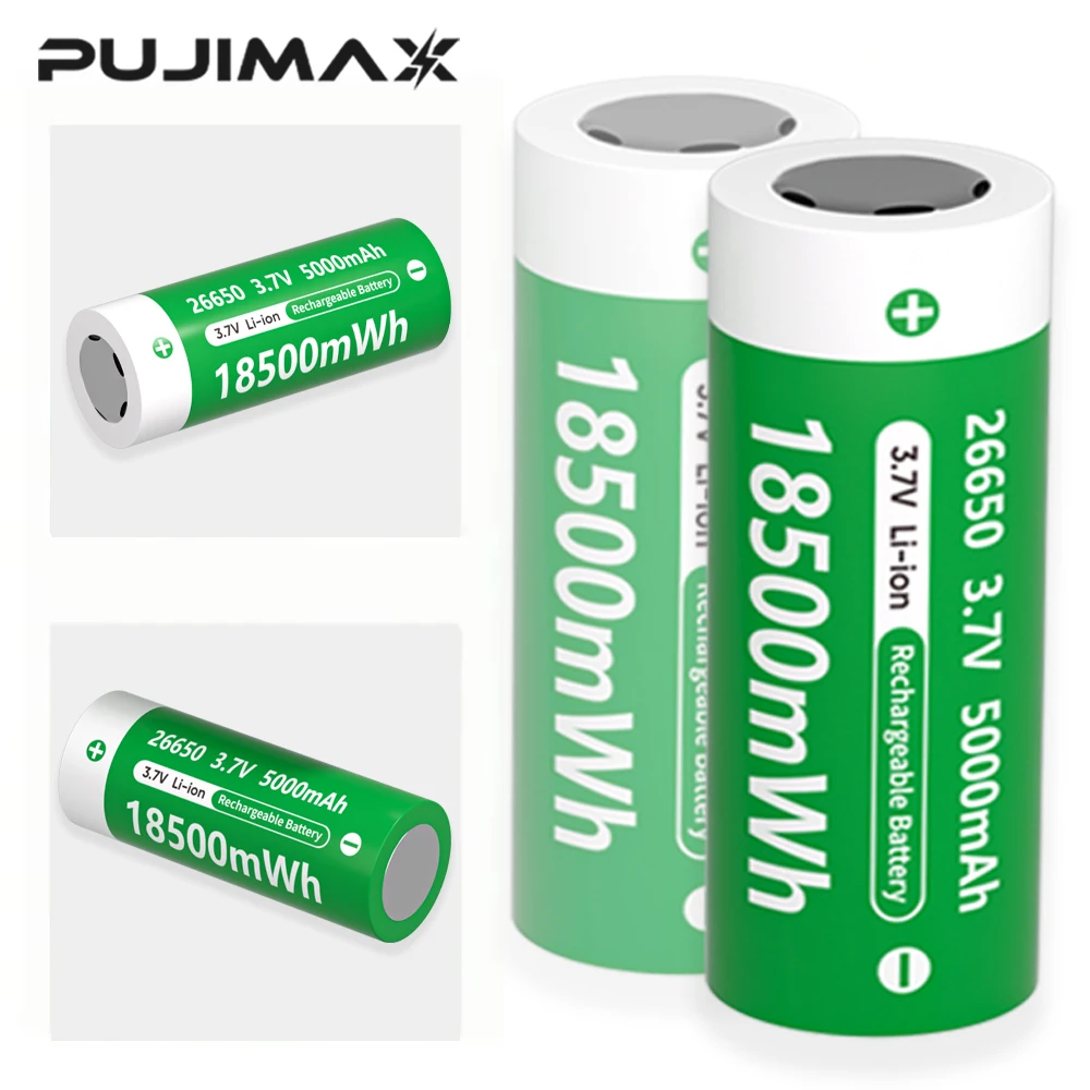 PUJIMAX 3.7V 26650 Battery with Charger 5000mAh Lithium Rechargeable Batteries for Flashlights Fans Cell Electric Lights