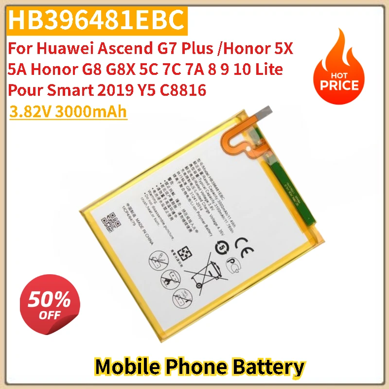 

HB396481EBC Mobile Phone Battery 3.82V 3000mAh For Huawei Ascend G7 Plus /Honor 5X 5A G8 G8X 5C 7C 7A 8 9 10 New High Quality