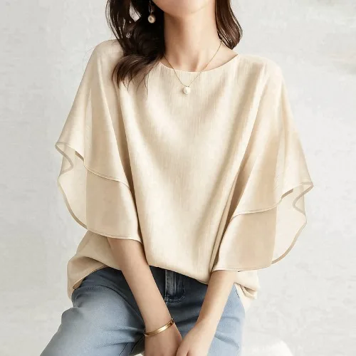Summer New Women's Pure Color Short Sleeve Batwing Shirt Loose Slim round Neck Casual Versatile Cool Chiffon Top