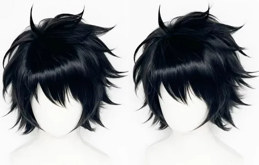 L.Lawliet Peluca de Cosplay, pelo corto negro, peludo en capas, resistente al calor, disfraz + gorro de peluca