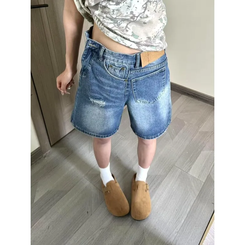 

Женские винтажные потертые джинсовые шорты, летние свободные прямые брюки для похудения, брюки пять четвертей с высокой талией, корейский стиль