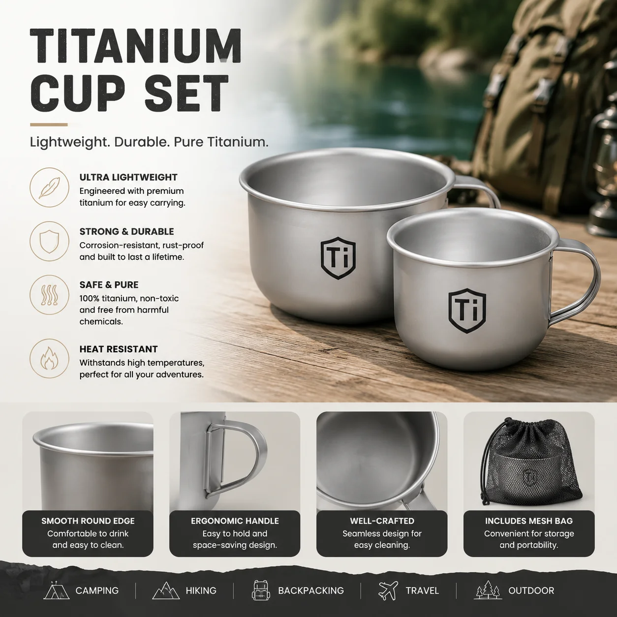 Mini-Camping-Wasserbecher aus Titanlegierung, tragbarer Tee- und Kaffeebecher, antibakterieller, abgerundeter Rand, tragbarer kleiner Wasserbecher