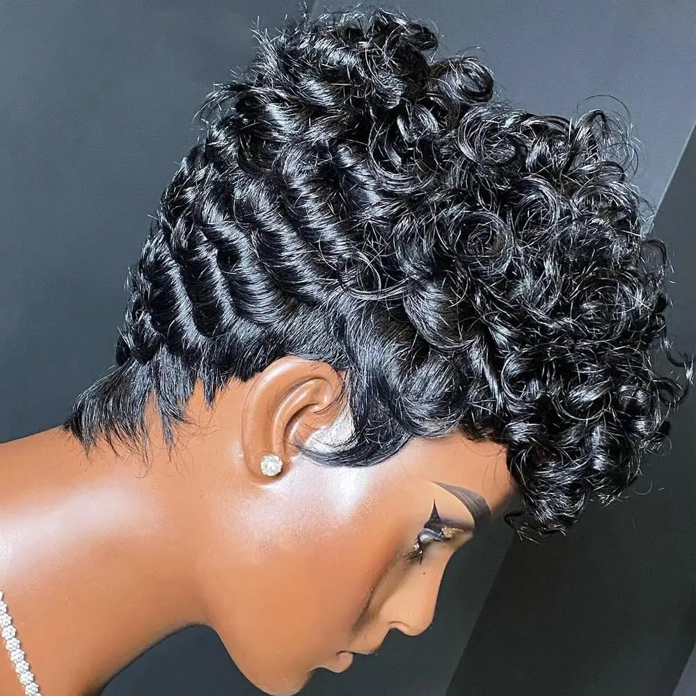 hort Pixie Wigs for Black Women Short Black Curly Pixie Wigs Synthetic Hair Wigs for Black Women Natural Wavy Black Pixie Cut Wi