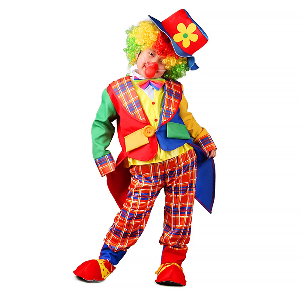 Halloween Kids Circus Clown Costume Jumpsuits Attached Wig Shoes Red Nose Fancy Carnival Cosplay for Children Dress Up