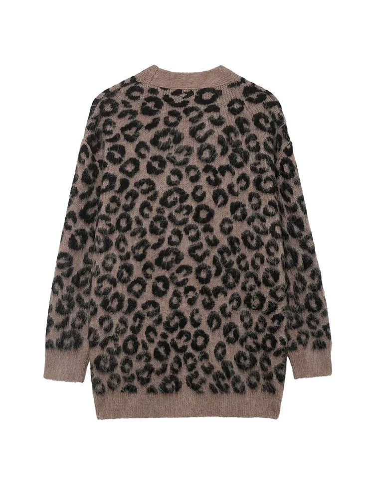 

HH женские модные кардиганы с леопардовым принтом, осенний женский вязаный кардиган с v-образным вырезом, шикарный свободный однобортный топ с длинными рукавами