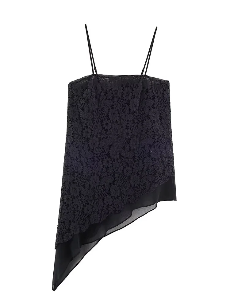 

HH Woman Fashion Backless Sleeveless Sexy Asymmetry Decoration Extended Top Female Summer Versatile Casual Lace Sling Tops