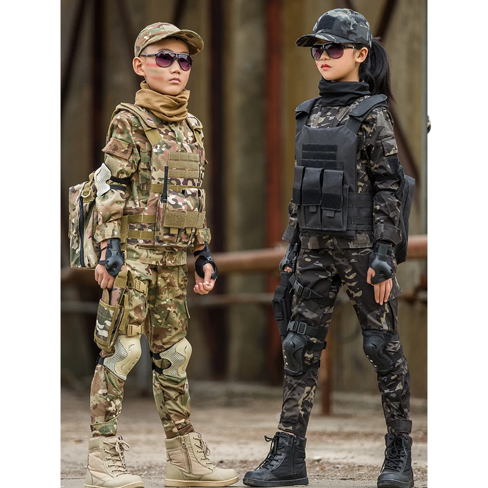 Kids Military Tactical Training Uniform Set Children Camouflage Top Pants Suit Boys Girls Special Forces Outdoor Combat Costume