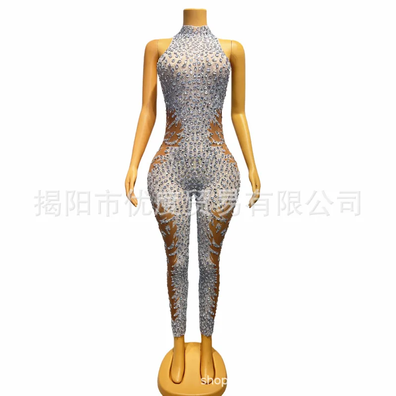 

Silver Shiny Perspective Sexy Rhinestone Sleeveless One-piece Birthday Party Reception Night Performance Clothing White Essence