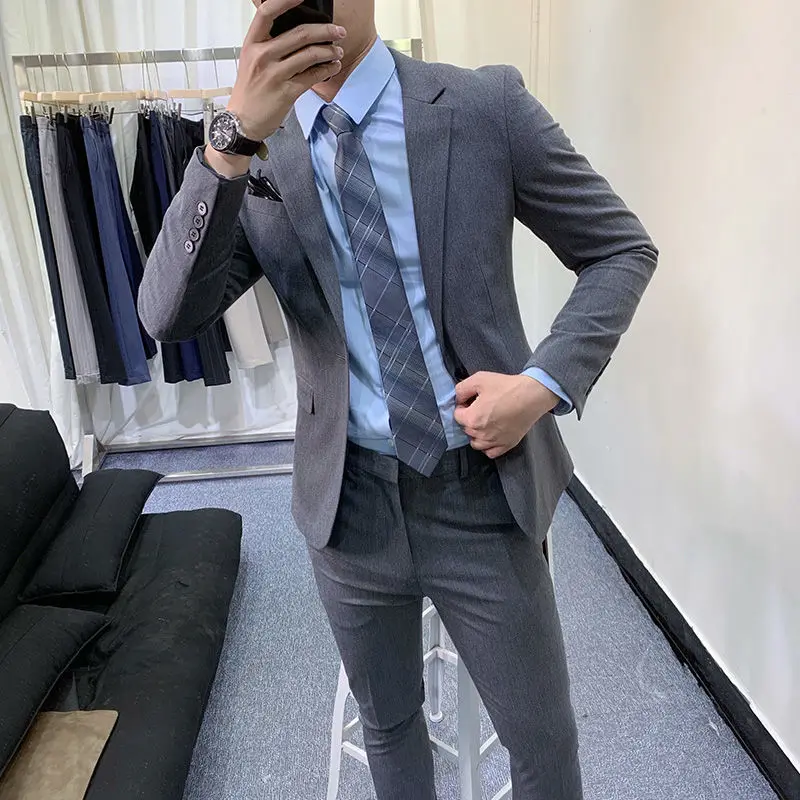 

2022 New Arrival Men Two Pieces Set Formal Slim Fit Suit Male Fashion Solid Color Blazers High Quality Dress Jacket Pants H298