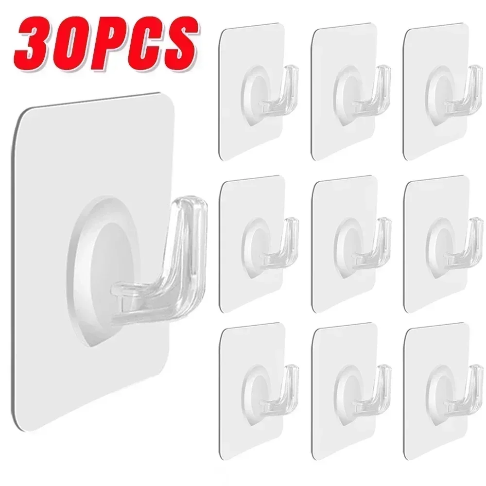 30/10/5Pcs Transparent Wall Hooks Self Adhesive Clear Wall Hangers Towel Key Holder Bathroom Organizer Kitchen Rack Wall Sticker