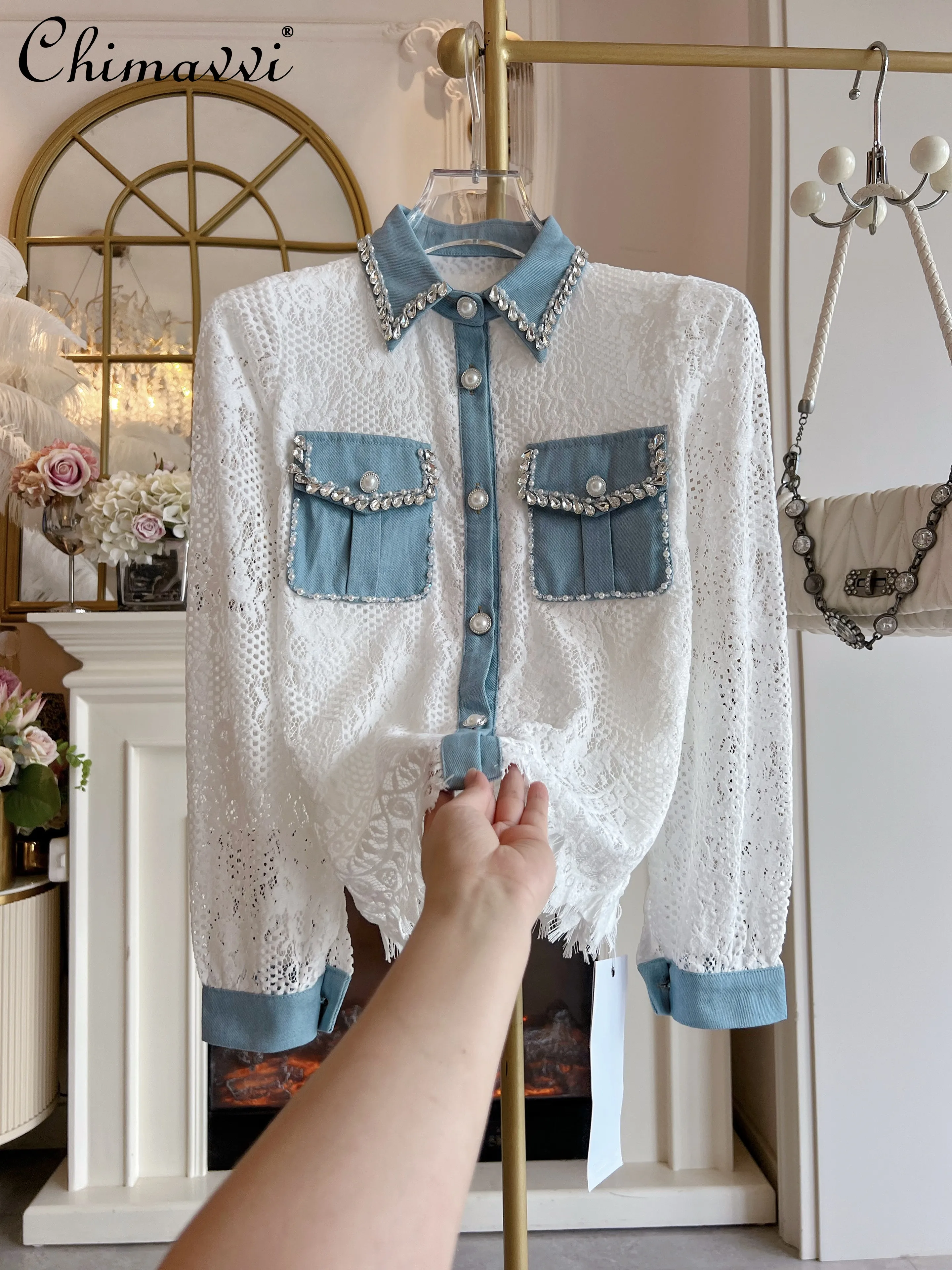 

2025 Autumn Clothes Original Heavy Lace Patchwork Denim Shirt Fashion Long Sleeve Loose Elegant Blouse Women's Top All-match