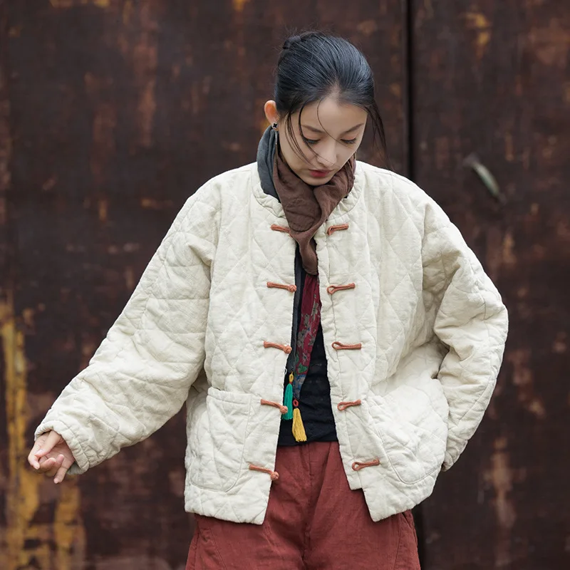 Female Autumn Winter Tops Coat Cotton-padded Clothes Lingge Frog Retro Simple Loose Comfortable Fashion Minority Versatile Thin