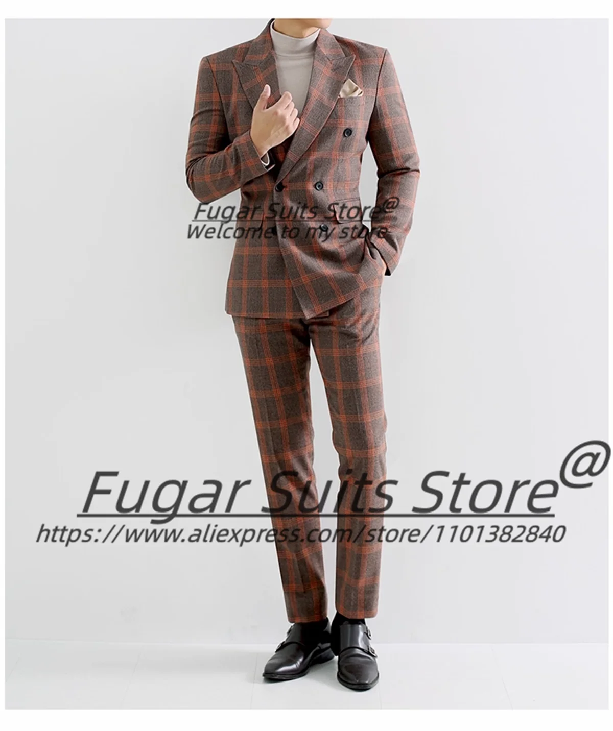 

Customized Slim Fit Double Breasted Formal Men Suits Business Plaid Dinner Party Groom Tuxedos 2 Pieces Sets trajes para hombre