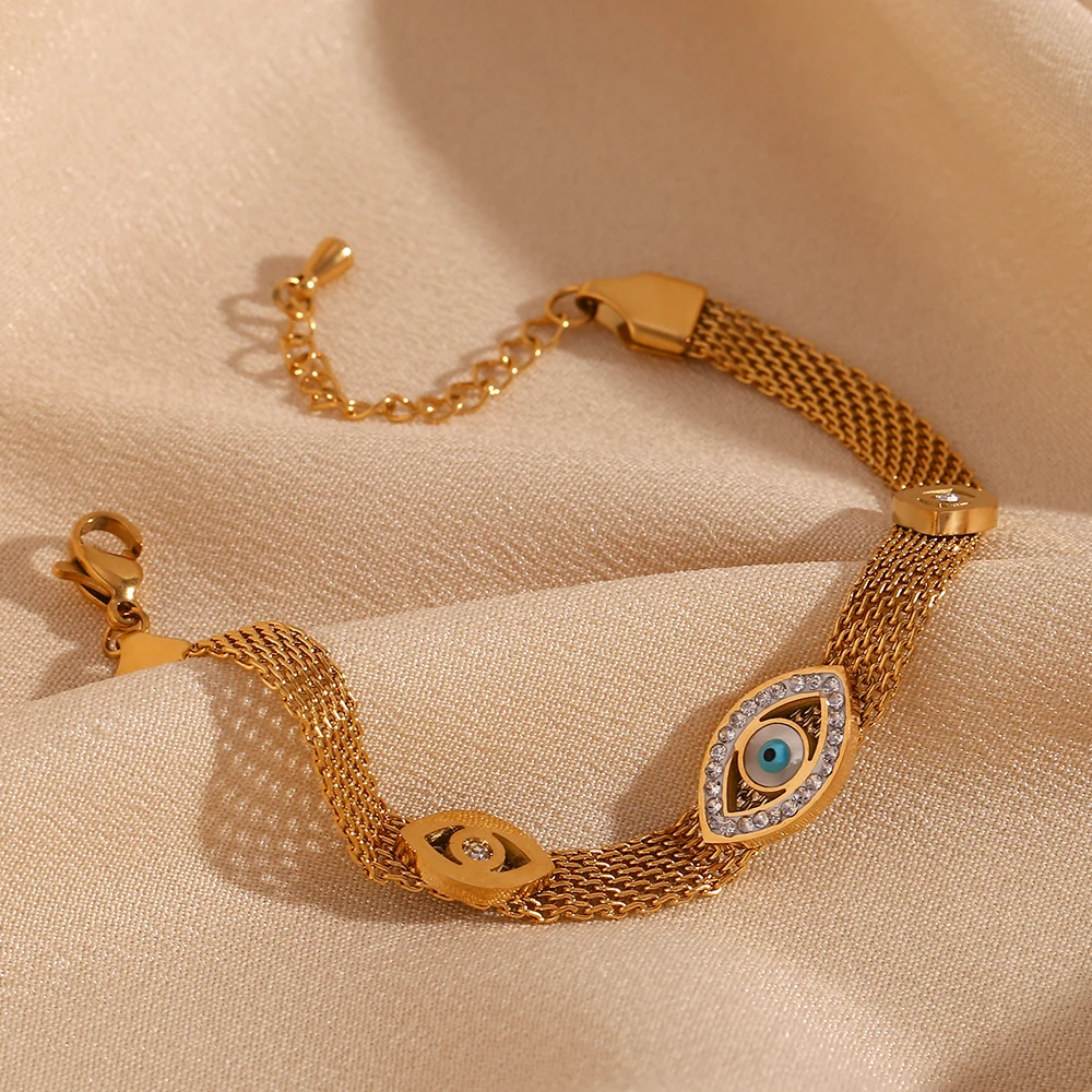 E.B.belle Bransoletka z łańcuszkiem z trzema oczami i kryształkami Wodoodporna stal nierdzewna 316L 18-karatowe pozłacane damskie bransoletki na rękę