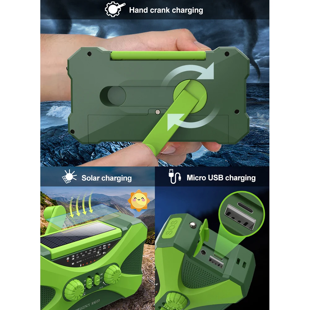 راديو اليد المحمولة كرنك ، USB الشمسية ، AM ، FM ، NOAA ، الطقس ، الطوارئ ، شاحن الهاتف ، LED مصباح يدوي ، 2000 mAh ، 10000mAh