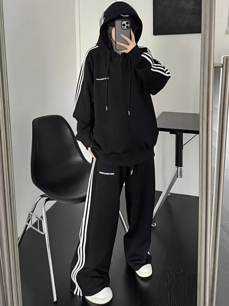 Casual Loose Striped 2 Piece Sets Women Hooded Zipper Long Sleeve Sweatshirt Conjuntos High Waist Wide Leg Pants Tracksuit New
