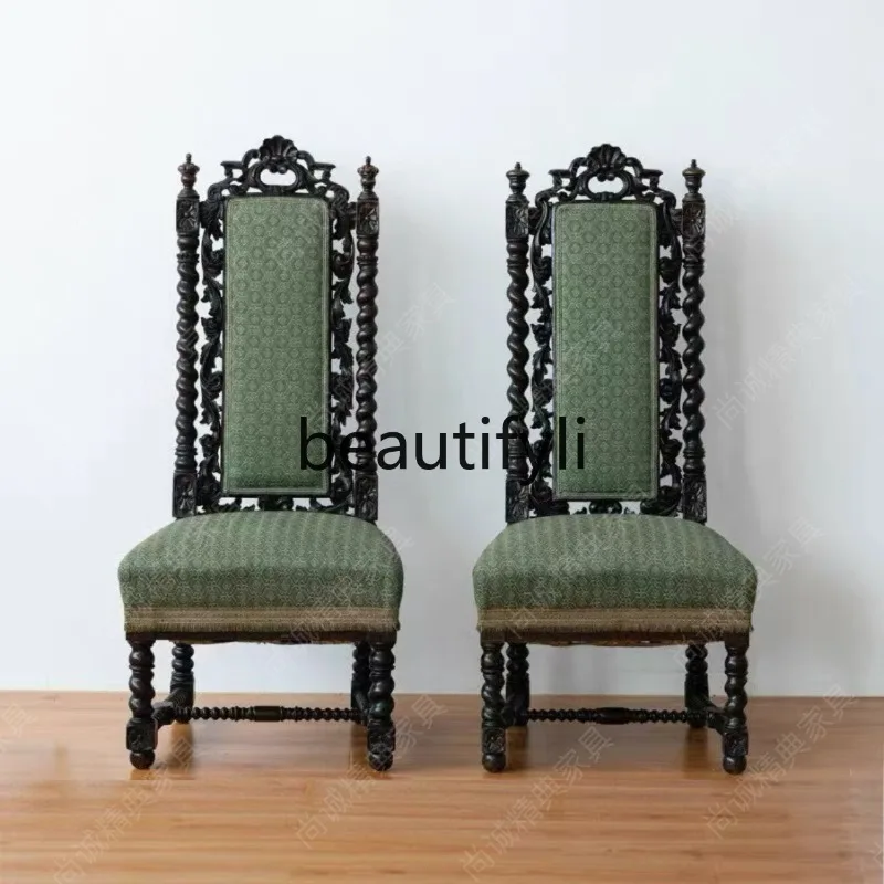 

French Classical Solid Wood Carved Dining Chair Vintage Leisure Chair European High-end Armless Upholstered Antique Chair