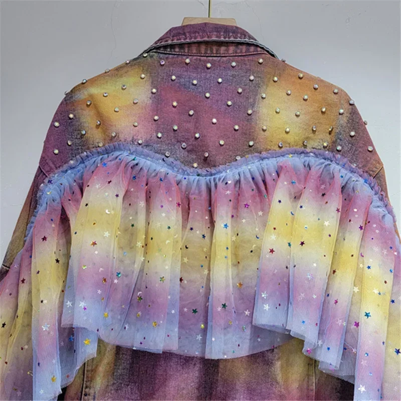 

Fashion Tie Dye Gradient Color Denim Jacket Women Rhinestones Mesh Loose Outerwear Long Sleeve Jeans Jacket Female Streetwear