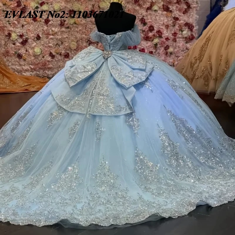 EVLAST Customized Princess Sky Blue Qinceanera Dress Ball Gown Silver Lace Applique Beading Sweet 16 Vestidos 15 Anos E2QA378