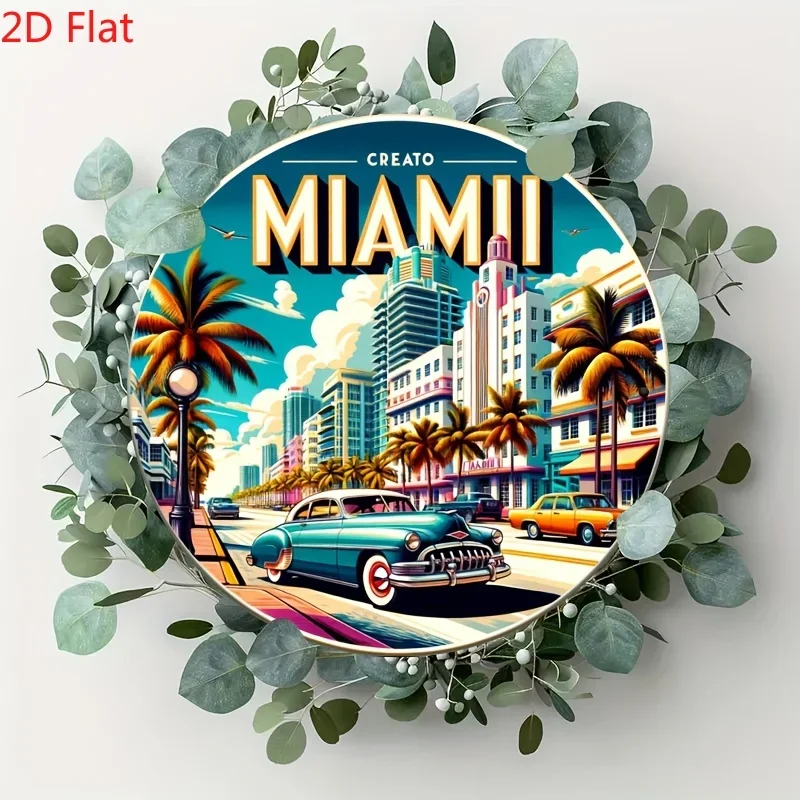 Raumdekoration, 1 Stück, Vintage-Miami-Szene mit Palmen, Metallschild aus Eisen, dekorative Wandkunst, für Zuhause, Küche, Esszimmer
