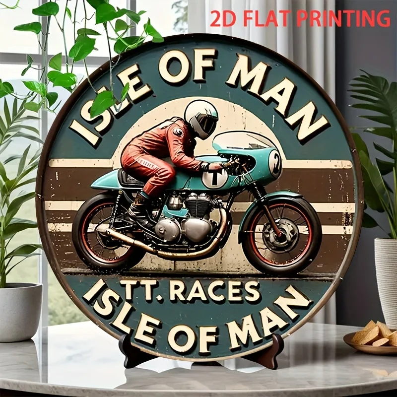 2D Flat, 1pc Isle of for Man Racing History Round Tin Sign - 20.32x20.32 cm Vintage Iron Wall Decor with Pre-Drilled Holes, Left