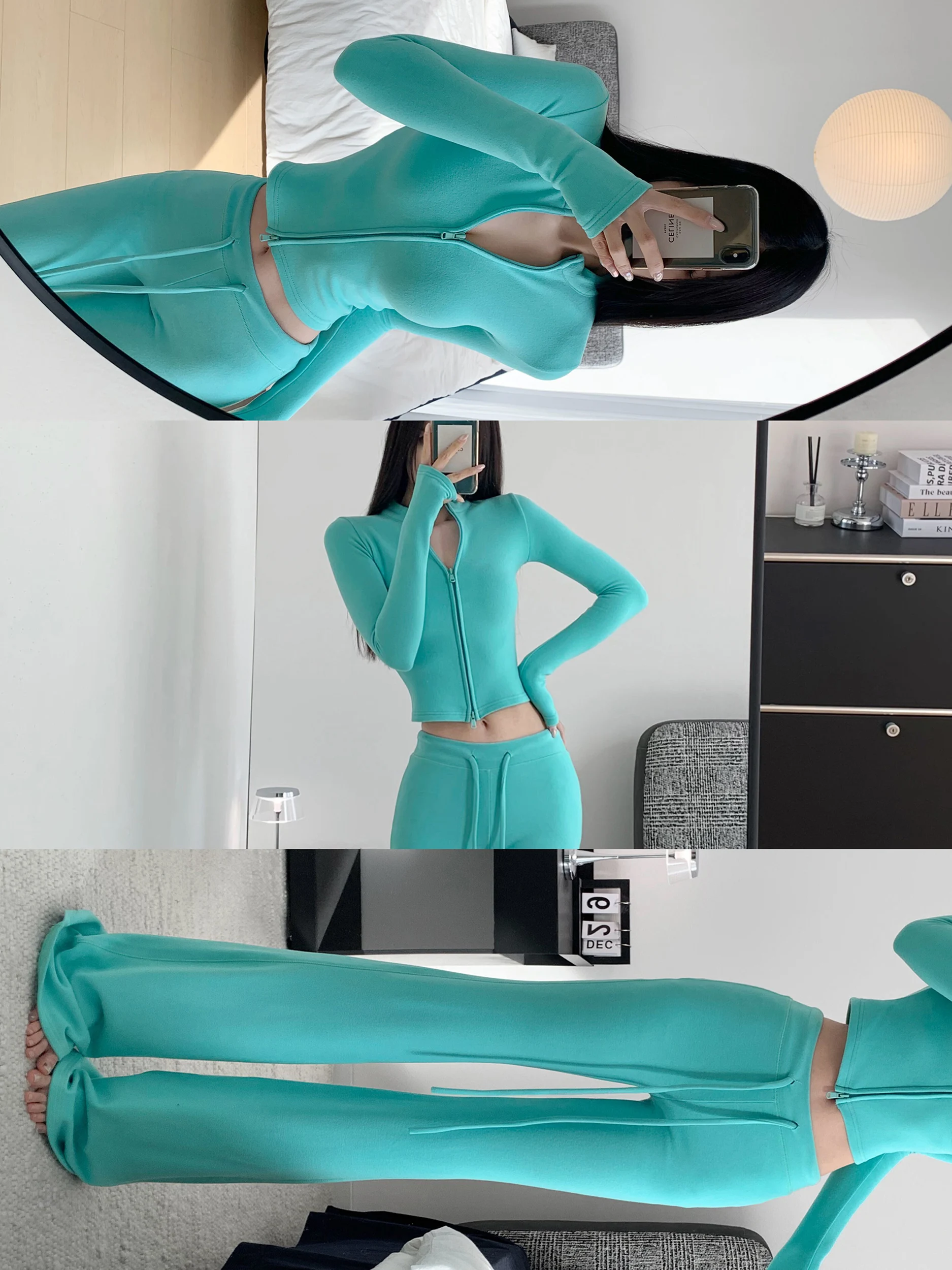 

Zhang Zi Casual Sports Set High Waist Slim Fit ort Sve Zipper Long Sve Women's Top Extended Bell Bot Pants
