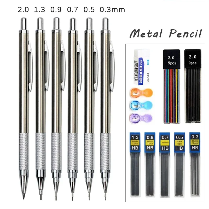 Metal Mechanical Pencil Set 0.3 0.5 0.7 0.9 1.3 2.0mm Lead Refills Art Automatic Drafting Sketching Pencils Office School Supply