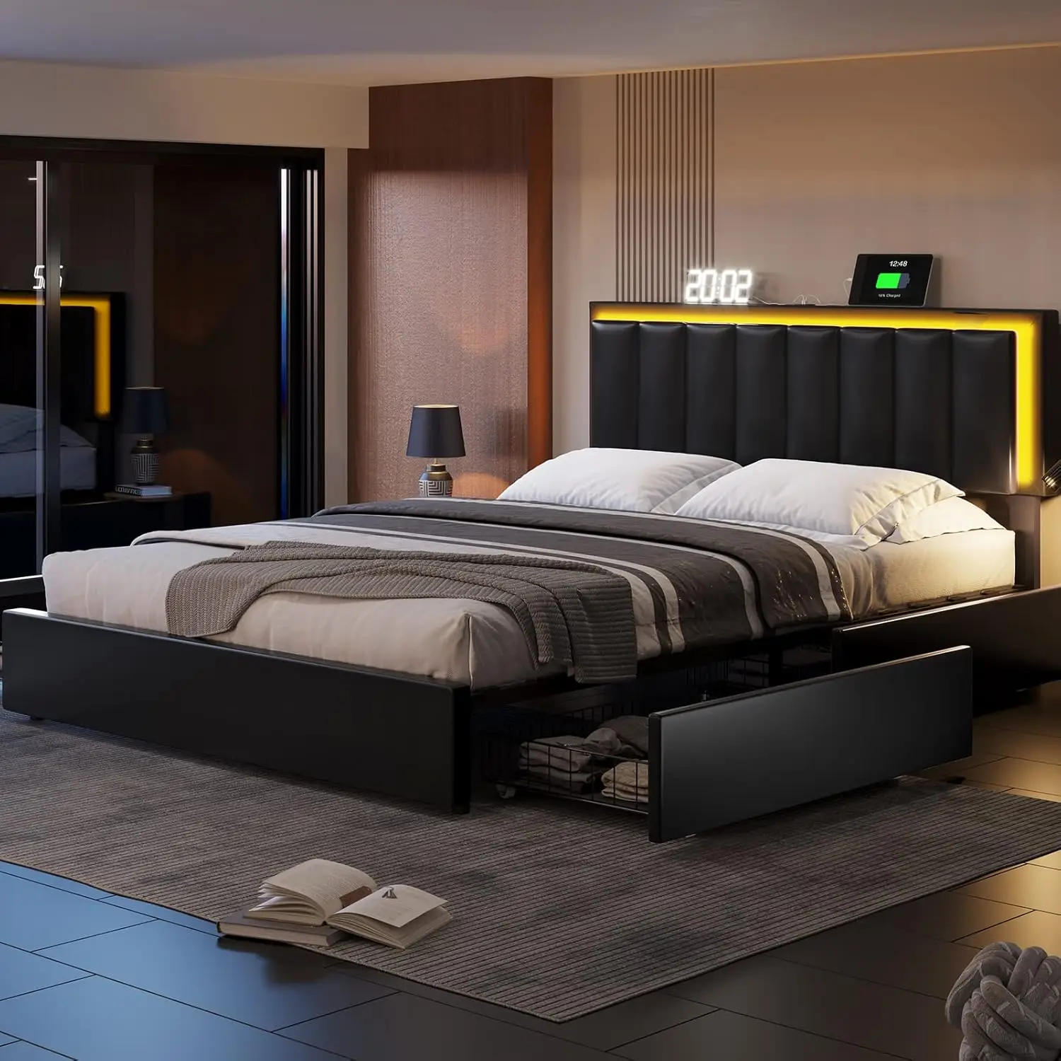 

Bed Frame with 4 Storage Drawers, LED Light Queen Size Platform Bed with Charging Station, Artificial Leather